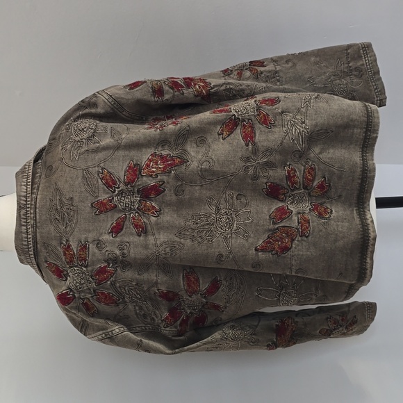 Vintage Chico's Design Green Floral Embroidered Jean Jacket Size Large - Picture 5 of 6